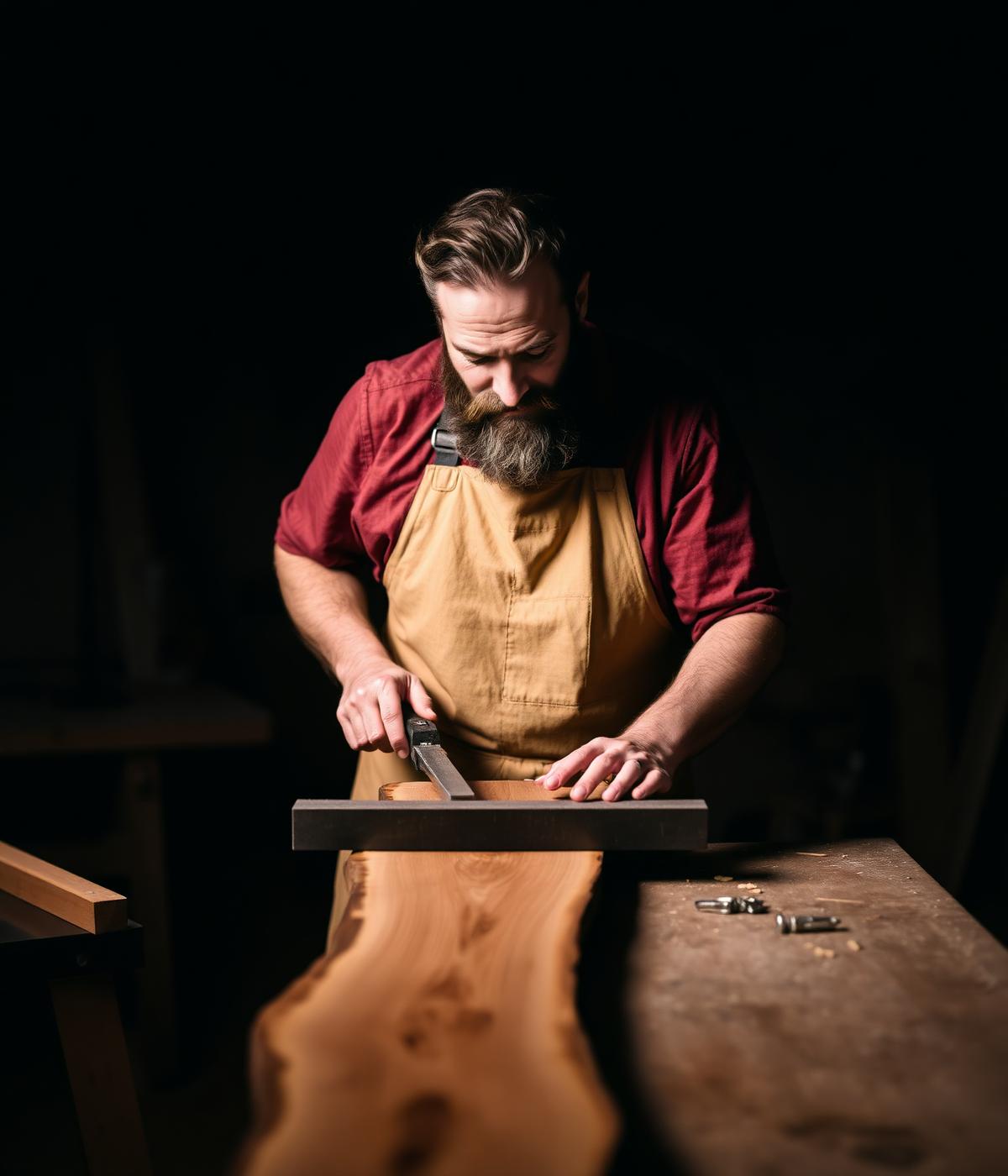 Sam Costa at his workbench, hand-planing a live edge walnut slab